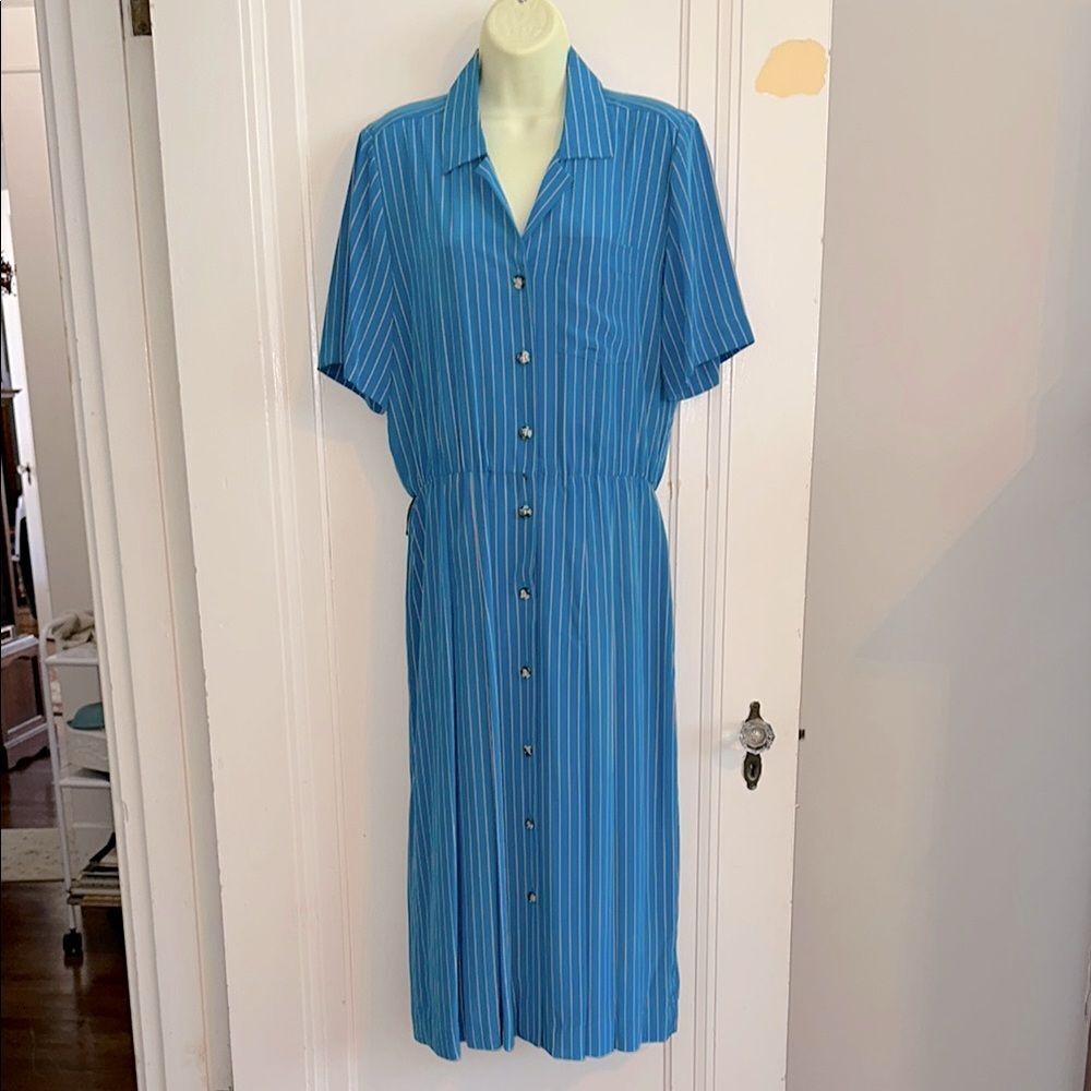 Vtg 80s Liz Claiborne Turquoise with Red & White Pinstripes Short Sleeve Dress